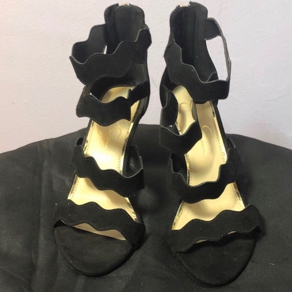 Jessica Simpson Shoes - Jessica Simpson Black Scalloped Strap Stiletto Heels